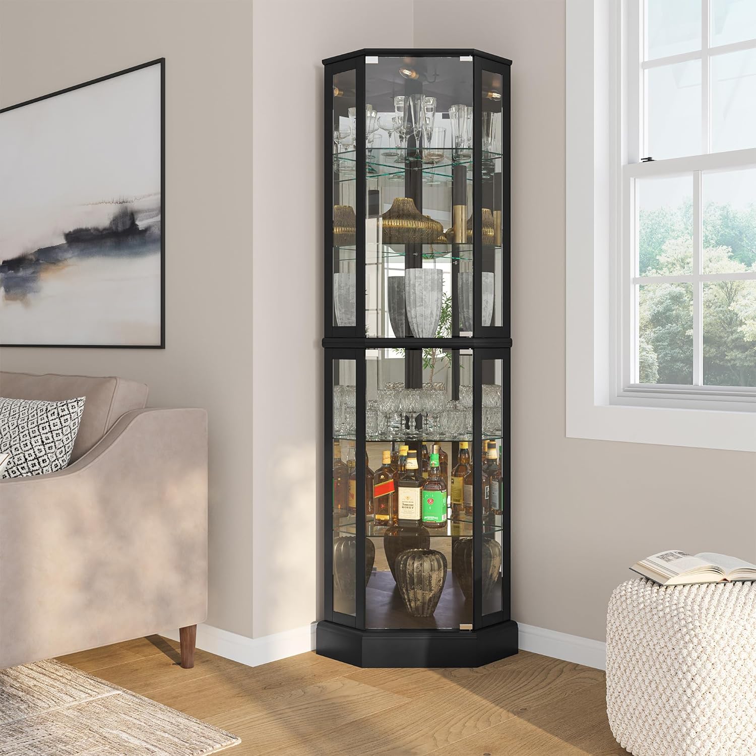 BELLEZE Lighted 3-Side Glass Display Curio Cabinet with Tempered Glass Doors and Shelves, Curved Wood Corner Cabinet with Bulb, Corner Curio Storage Rack for Bar and Liquor Storage - Ashfield (Black)