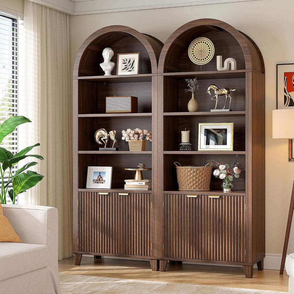 DurayLoly 79.9' Tall Arched Cabinet, 6-Tier Arched Bookcase with Fluted Doors and Adjustable Wood Shelves, Wooden Storage Cabinet with Tall Bookshelf for Office, Living Room, Kitchen, Walnut
