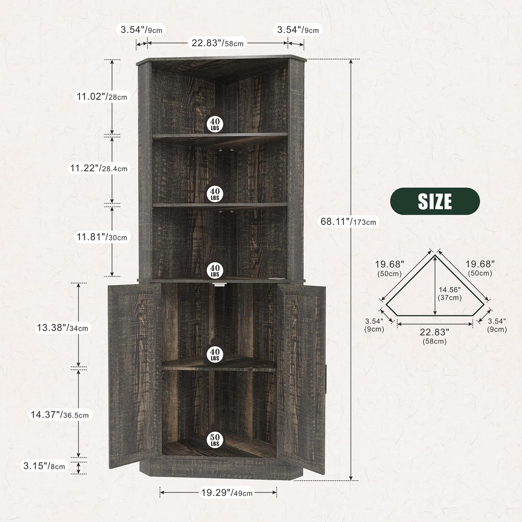 TAGELIER Farmhouse Corner Cabinet with LED Light, 67' Tall Bathroom Cabinet with 2 Doors and 3 Tier Shelves, Free Standing Corner Storage Cabinet for Living Room or Kitchen, Rustic Brown