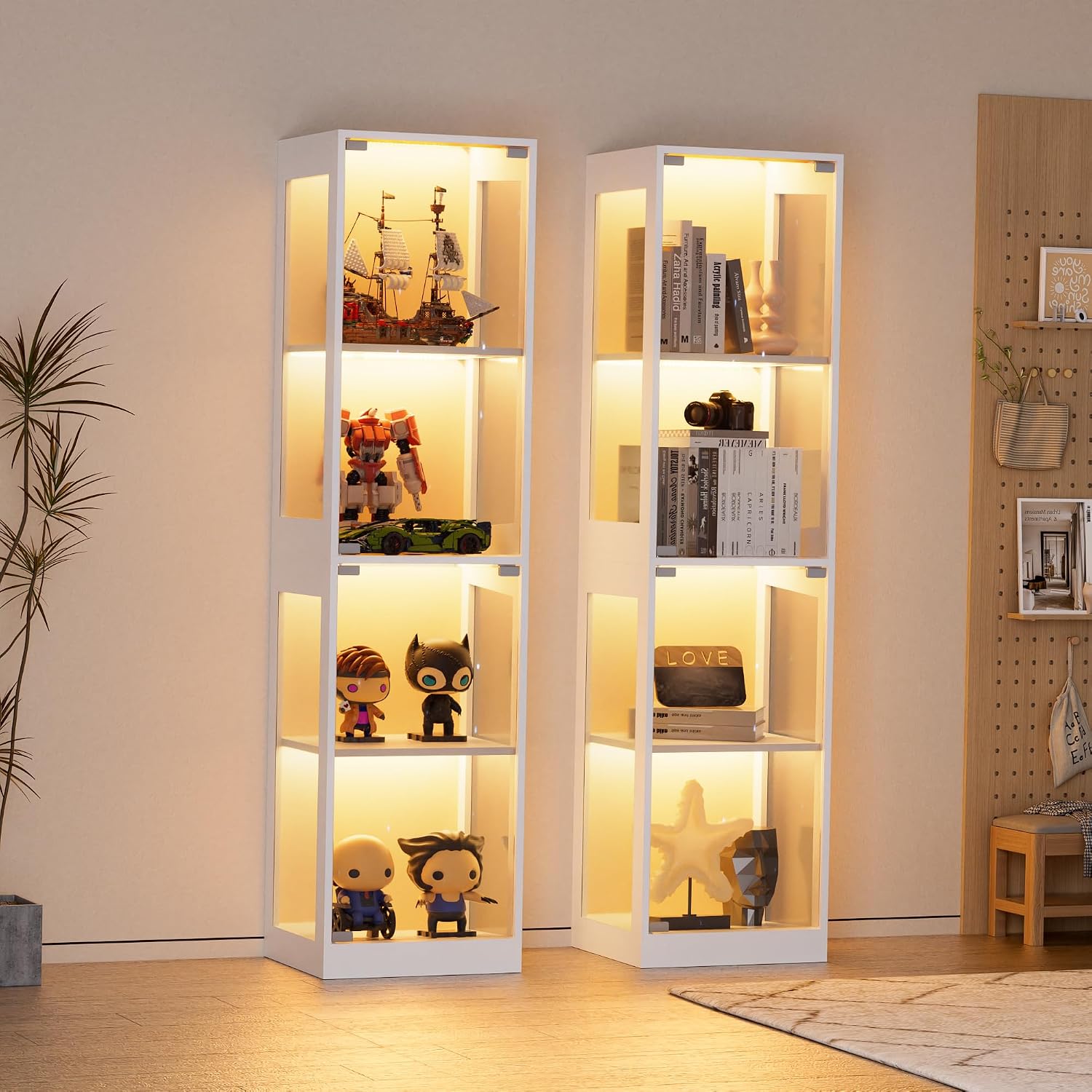 Grepatio Glass Display Cabinet, 4-Tier Display Cases for Collectibles, Curio Cabinet with RGB Lights, Glass Bookcase Shelf Display Kids Toy Cabinets for Collectible, Living Room, Playroom (White)