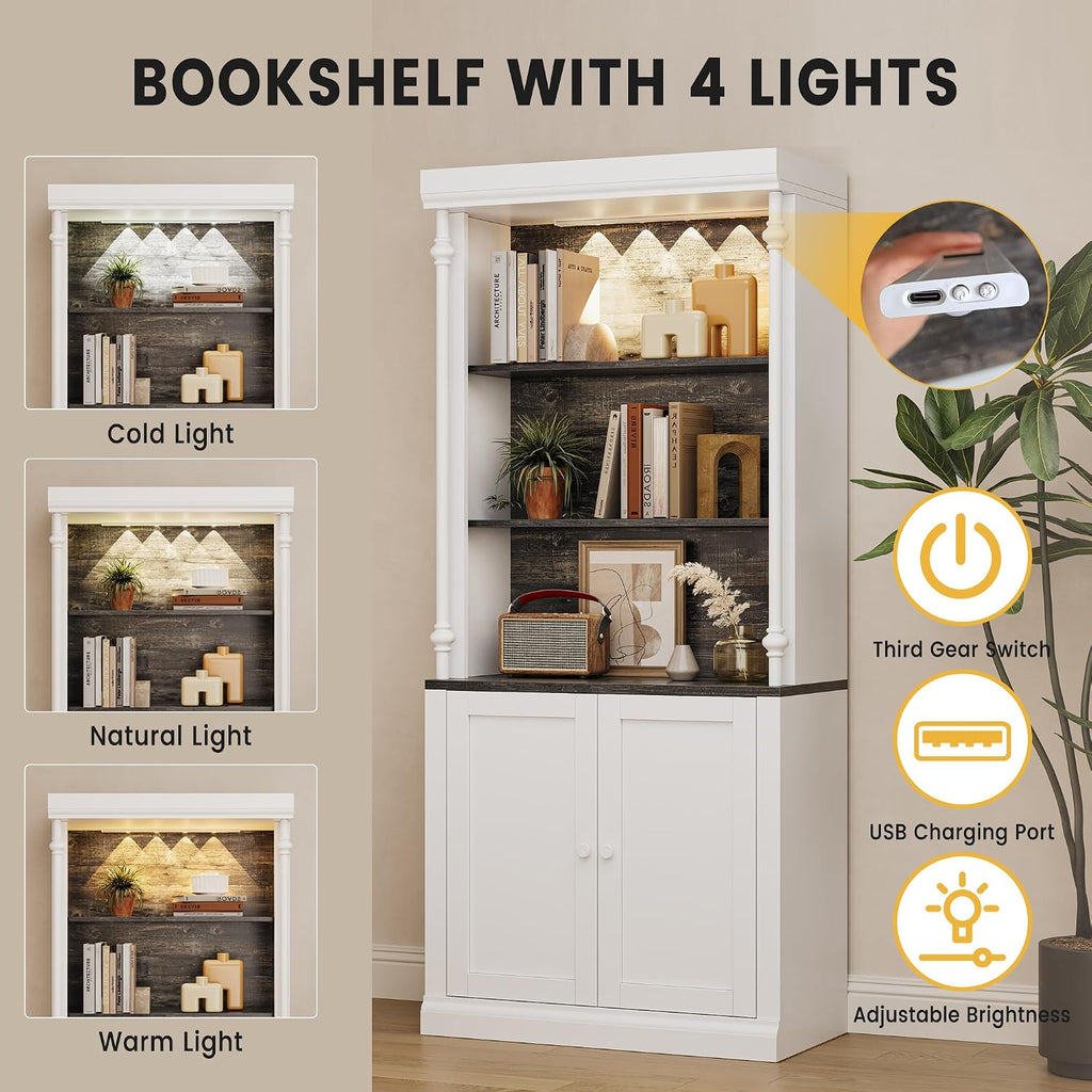 GarveeHome Tall Storage Bookcase with 3-Tier Open Shelves and Double Door, Roman Column Design and 4 Adjustable Lights, White & Black Wood Grain Display Storage Cabinet for Home Office, Living Room