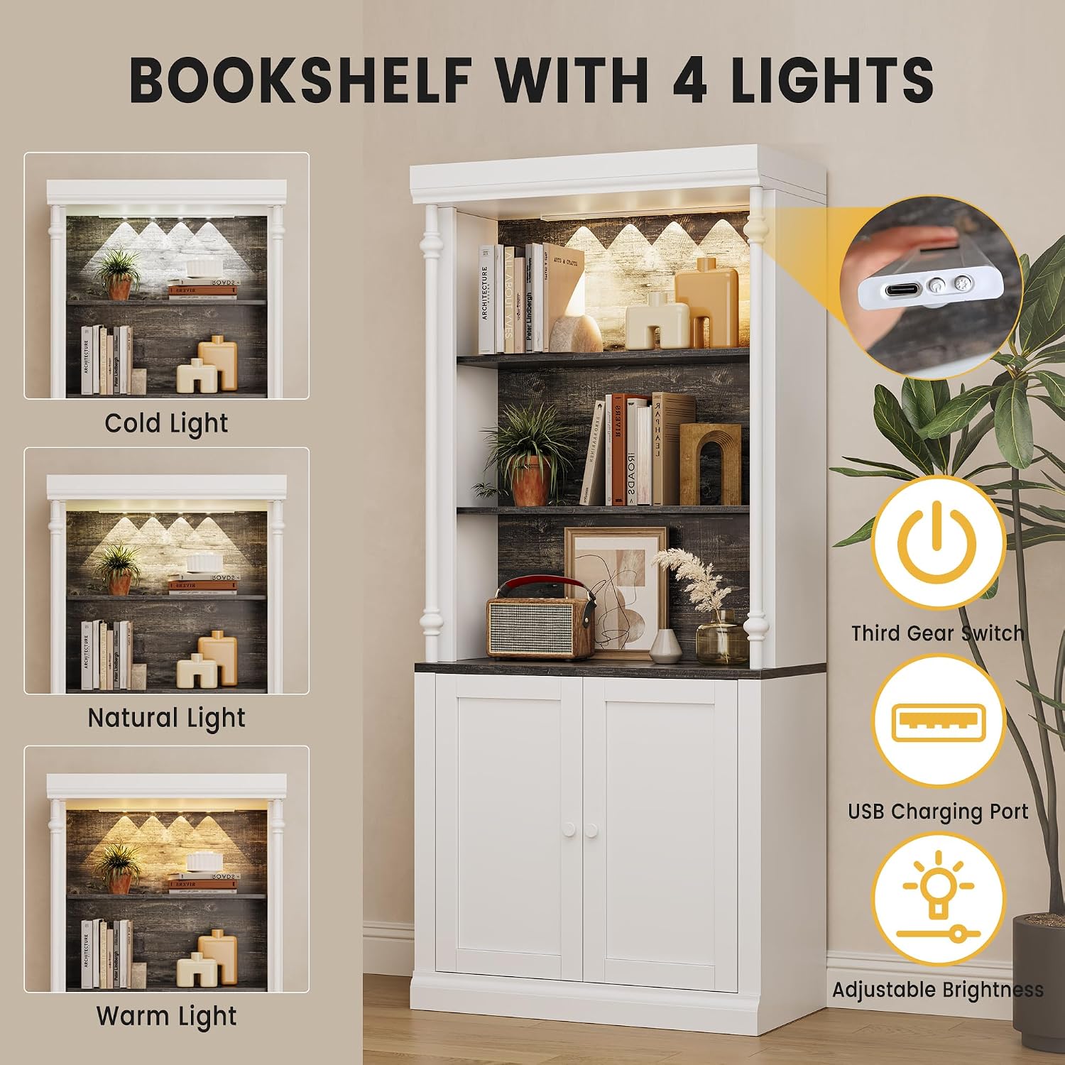 GarveeHome Tall Storage Bookcase with 3-Tier Open Shelves and Double Door, Roman Column Design and 4 Adjustable Lights, White & Black Wood Grain Display Storage Cabinet for Home Office, Living Room
