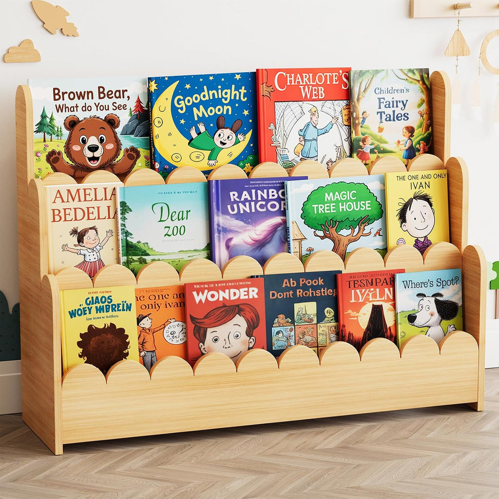 SpaceAid 3-Tier Scalloped Bookshelf, Montessori Bookcase for Toddlers, Wooden Book Shelf Organizer Display Furniture for Kids Rooms, Playroom, Nursery and Classroom, 36.7' Wide, Natural