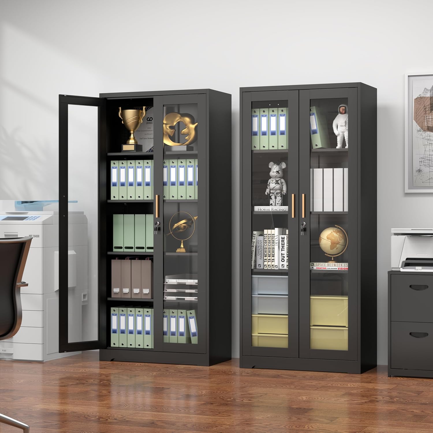 Polup Glass Display Cabinet with Lock, Metal Curio Cabinet with Tempered Glass Doors & Adjustable Shelves, Heavy-Duty China Cabinets for Living Room, School, Commercial, Black, Assembly Required