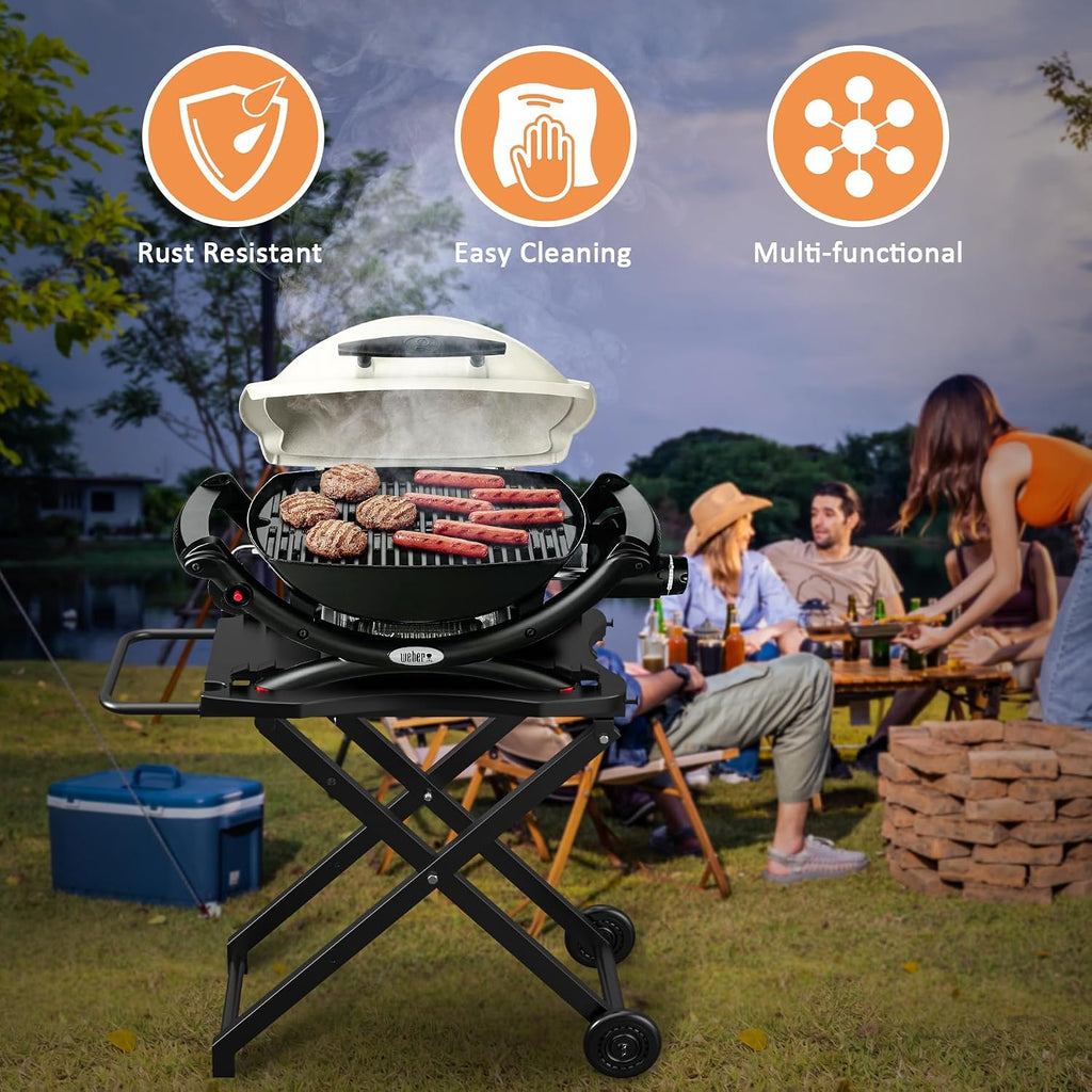 Portable Grill Cart for Weber Q Series Q100 Q1000 Q120 Q1200 Q200 Q2000 Q2200 Gas Grill, Collapsible Grill Stand Table for Weber Q1400 Q2400 Electric Grill, Outdoor Folding Trolley Grill Cart
