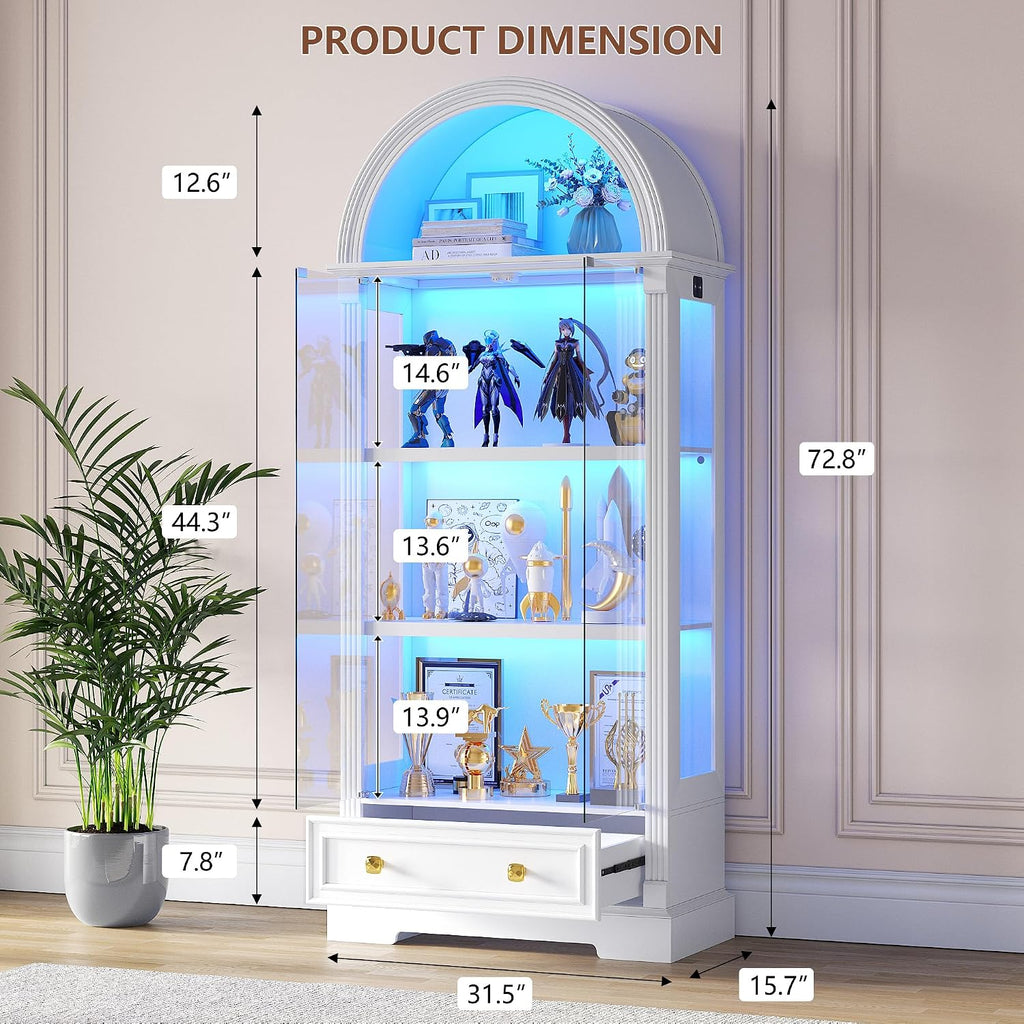 TAGELIER Arched Display Cabinet with Glass Doors, 72' Tall Curio Cabinet with Human Sensor Lights, 4-Tier Glass Display Case for Collectibles Bookcase Office, White