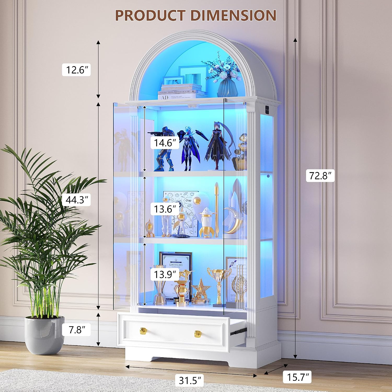 TAGELIER Arched Display Cabinet with Glass Doors, 72' Tall Curio Cabinet with Human Sensor Lights, 4-Tier Glass Display Case for Collectibles Bookcase Office, White