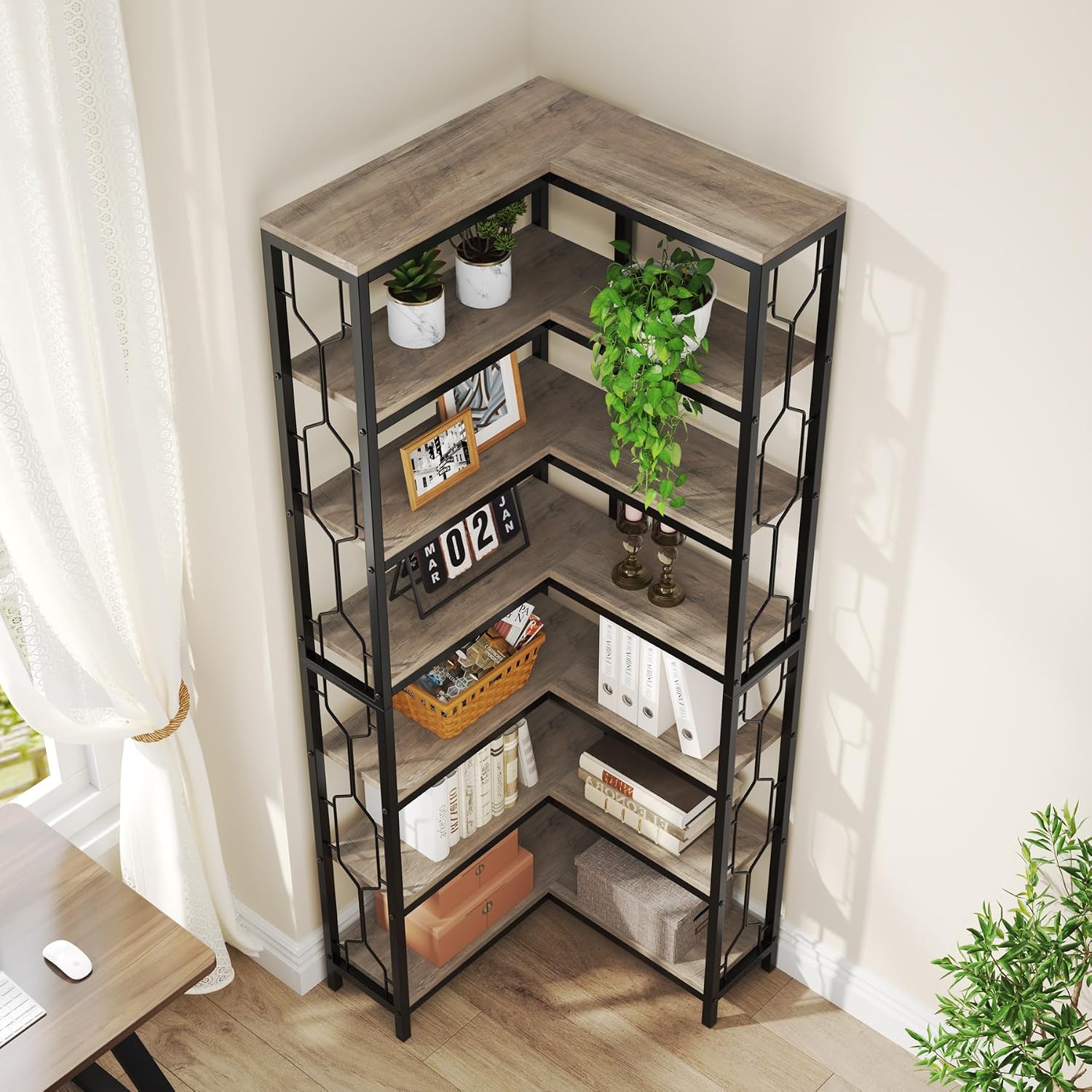 Tribesigns Corner Shelf, 7-Tier Industrial Corner Bookshelf, Wood and Metal Corner Etagere Bookcase, Freestanding Display Shelf for Living Room, Kitchen, Home Office, Gray