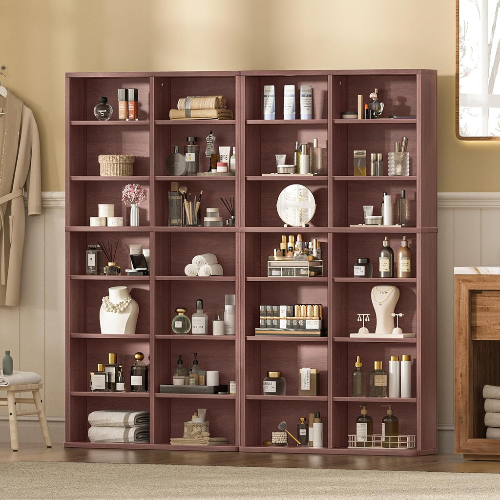 LELELINKY 7 Tier Tall Display Cabinet, Walnut Media Storage Cabinet with Adjustable Shelves, Free Standing DVD Organizer Shelf, Floor Multimedia Storage Manga Bookshelf for Living Room & Home Office.