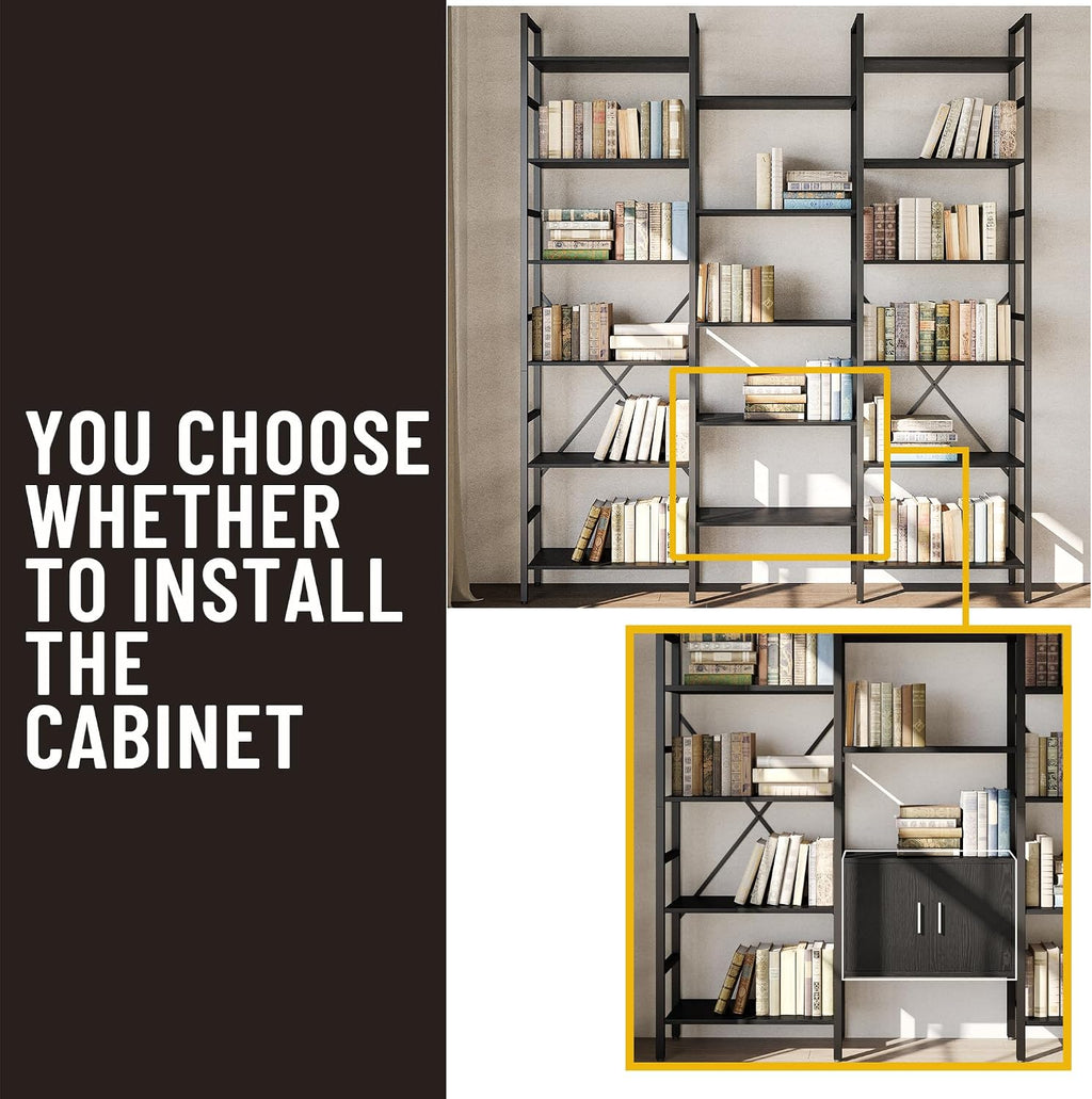 70x78 ' Triple 6 Tier Book Shelf, Industrial Large Bookcase with Storage Cabinet, Tall Bookshelf with 16 Open Display Shelves Metal Frame Furniture for Living Room Bedroom Home Office Black