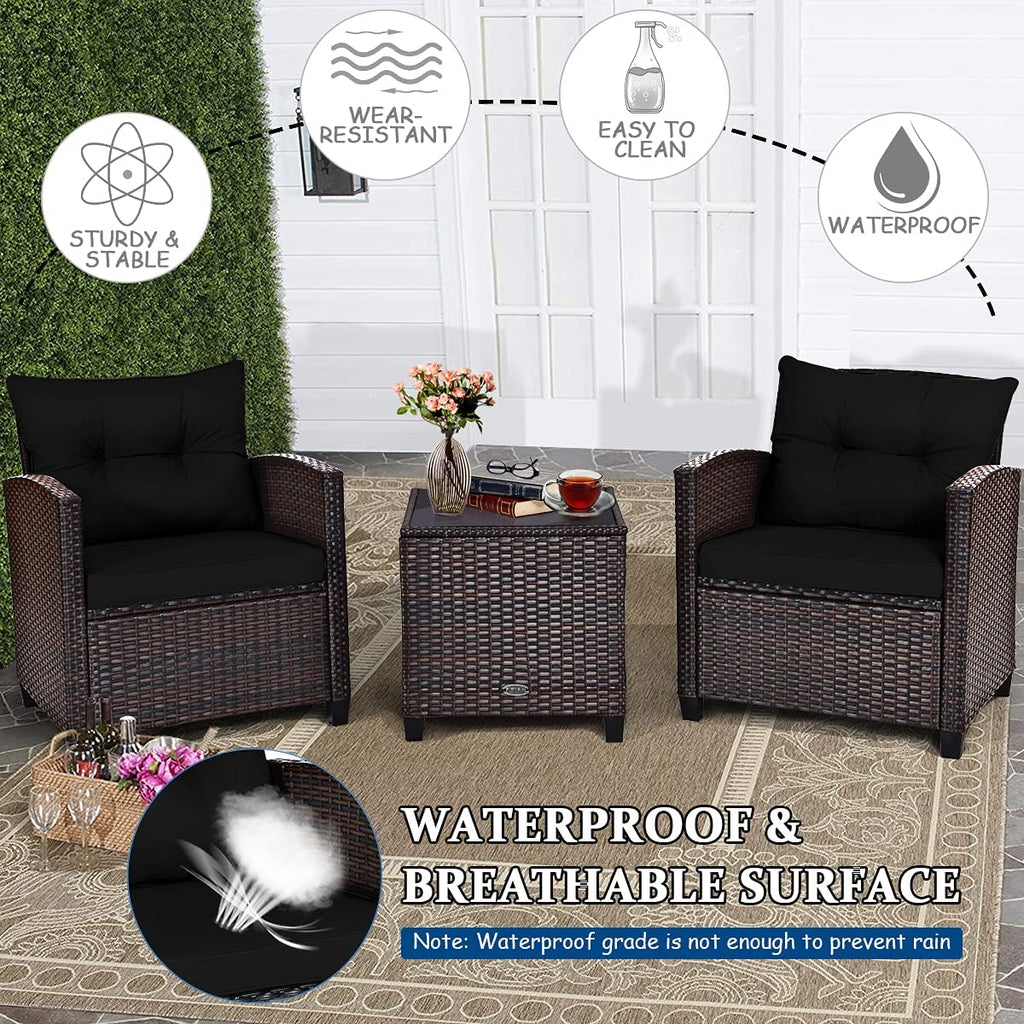 Tangkula 3 Pieces Patio Furniture Set, PE Rattan Wicker 3 Pcs Outdoor Sofa Set w/Washable Cushion and Tempered Glass Tabletop, Conversation Furniture for Garden Poolside Balcony (Black)