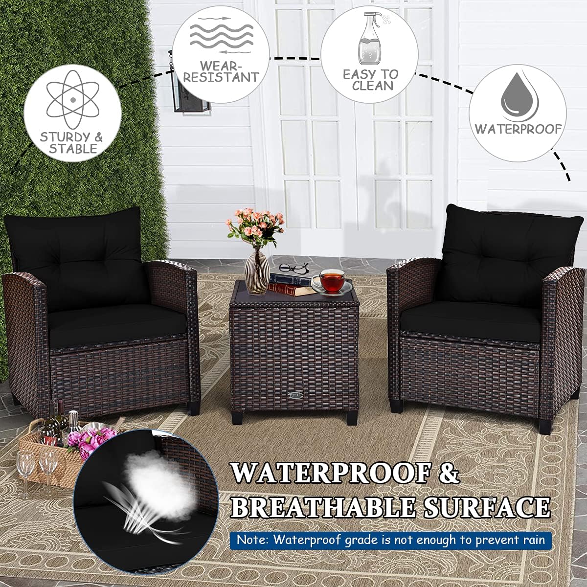 Tangkula 3 Pieces Patio Furniture Set, PE Rattan Wicker 3 Pcs Outdoor Sofa Set w/Washable Cushion and Tempered Glass Tabletop, Conversation Furniture for Garden Poolside Balcony (Black)