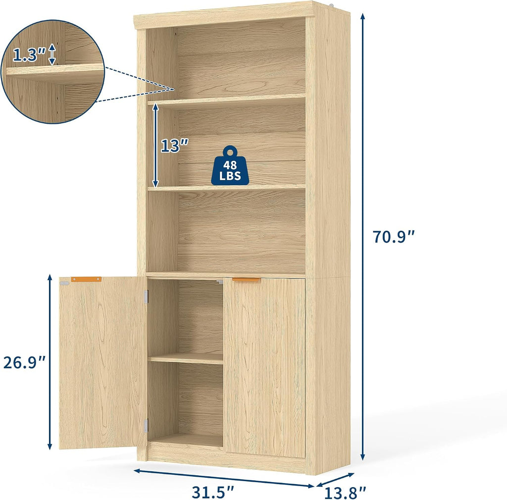 GarveeHome Tall Book Shelf and Bookcase, 31.5' Wide Wooden Bookcase with Doors, Farmhouse Book Case with Large Storage, 5-Shelf Bookcases with Adjustable top Shelve for Home Office, Living Room,Oak