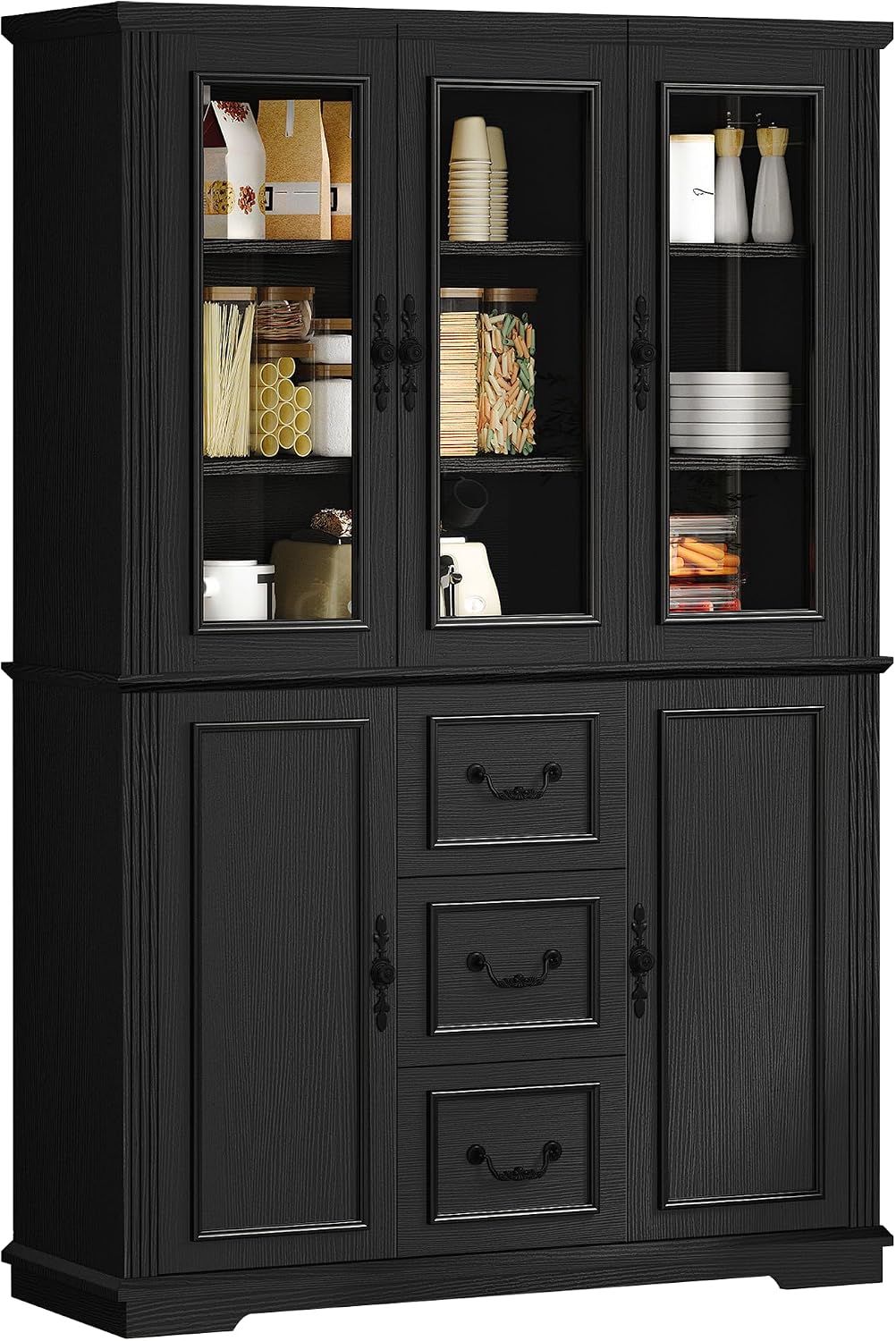 YITAHOME 71' H x 47' W Kitchen Pantry with 3 Drawers, Large Storage Cabinet with 3 Glass Doors & Adjustable Shelves, Freestanding Tall Display China Cabinet for Living & Dining Room, Black
