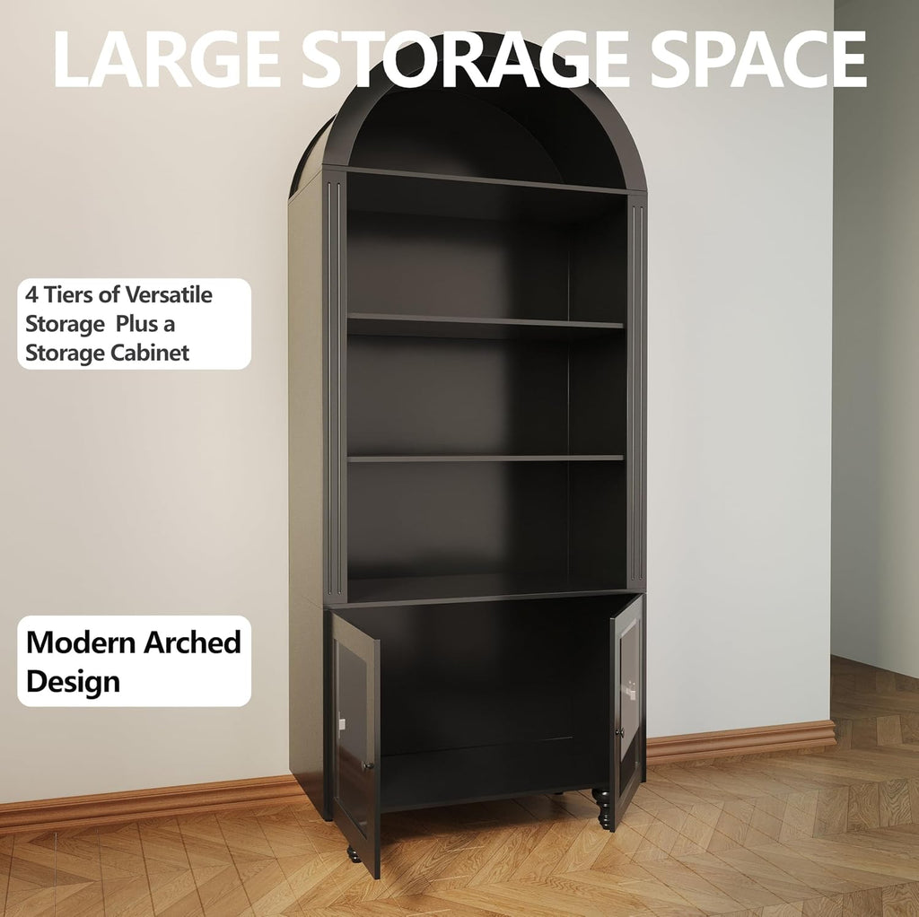 Wildhome Wooden Arched Bookshelf,5-Tier Shelf,Farmhouse Storage Display Cabinet Etagere Bookcase, Large Bookshelf,Tall Open Storage Cabinet for Home Office Living Room&Kitchen(Black-Arched top)