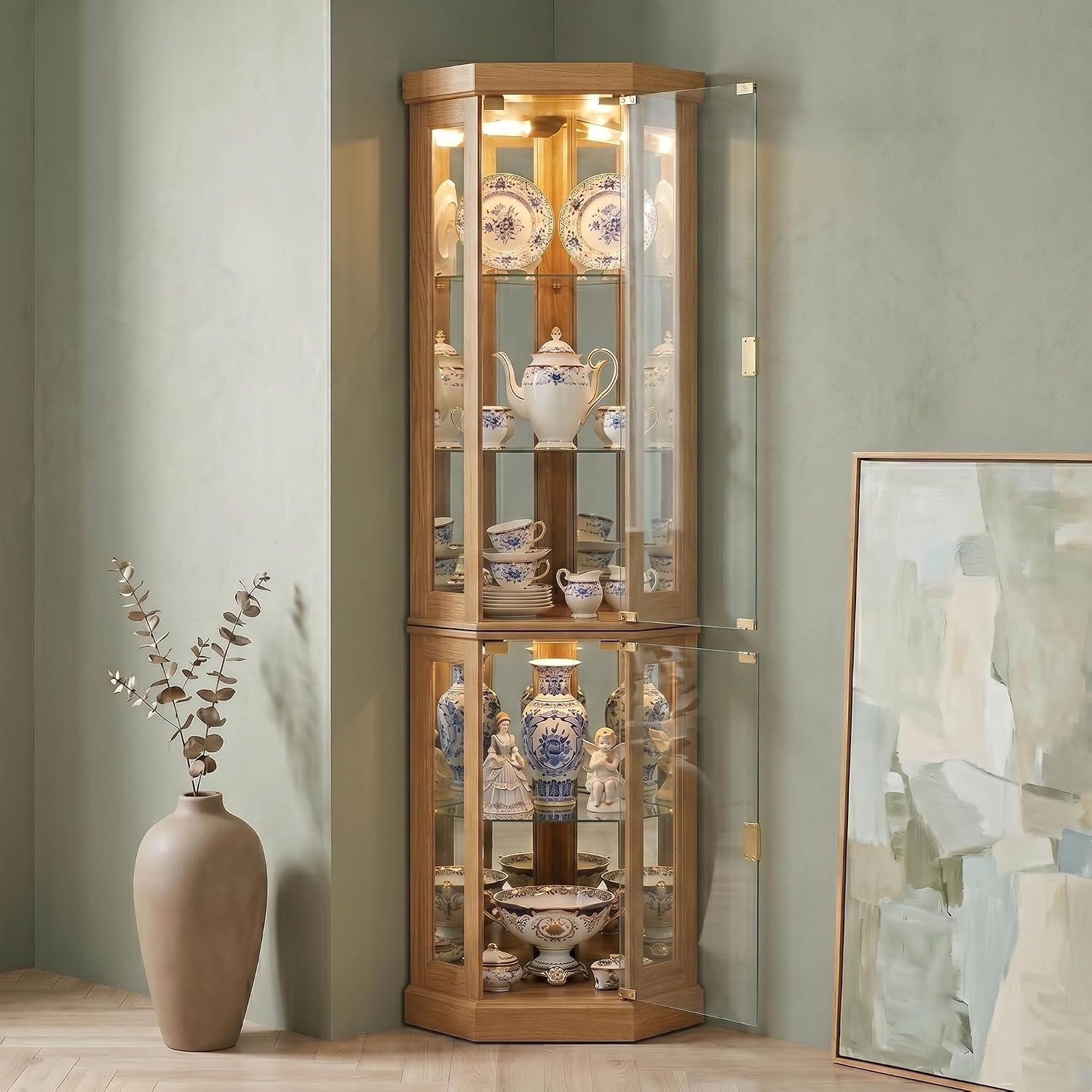 Casaphoria 70' Lighted Corner Curio Cabinet with Glass Doors, Tall Display Cabinet for Collectibles with Mirrored Back and Adjustable Shelves for Living Room and Liquor Storage (Oak)