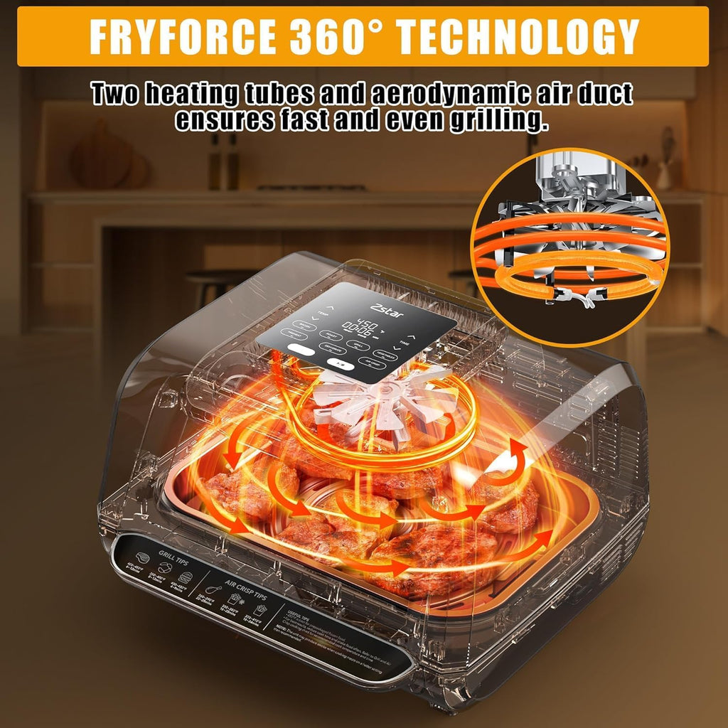 Indoor Smokeless Grill, Indoor Grill Air Fryer Combo with See, Electric Indoor Searing Grill with Adjustable Temperature Control, Nonstick Grate, Stainless Steel, 4Qt