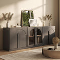 BELLEZE Modular 3-Piece Set Storage Cabinet, 2 Arched Wood Accent Cabinet and Display Glass Door Storage with Adjustable Shelf, Freely Configurable Sideboard for Living Room Kitchen, Ebony
