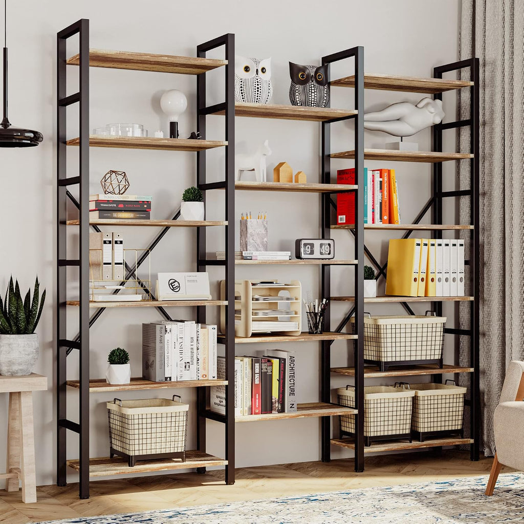 IRONCK Bookshelves 6 Tiers Triple Wide Industrial Bookshelf, Large Etagere Bookshelf Open Display Shelves with Metal Frame for Living Room Bedroom Home Office