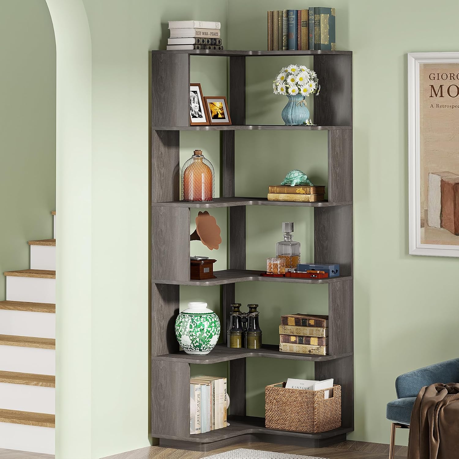 Tribesigns 6-Tier Corner Bookshelf, 64.9 Inches Tall Corner Bookcase with Anti-Drop Panel, Modern Freestanding Shelf Display Rack Storage Organizer for Home Office, Living Room, Grey