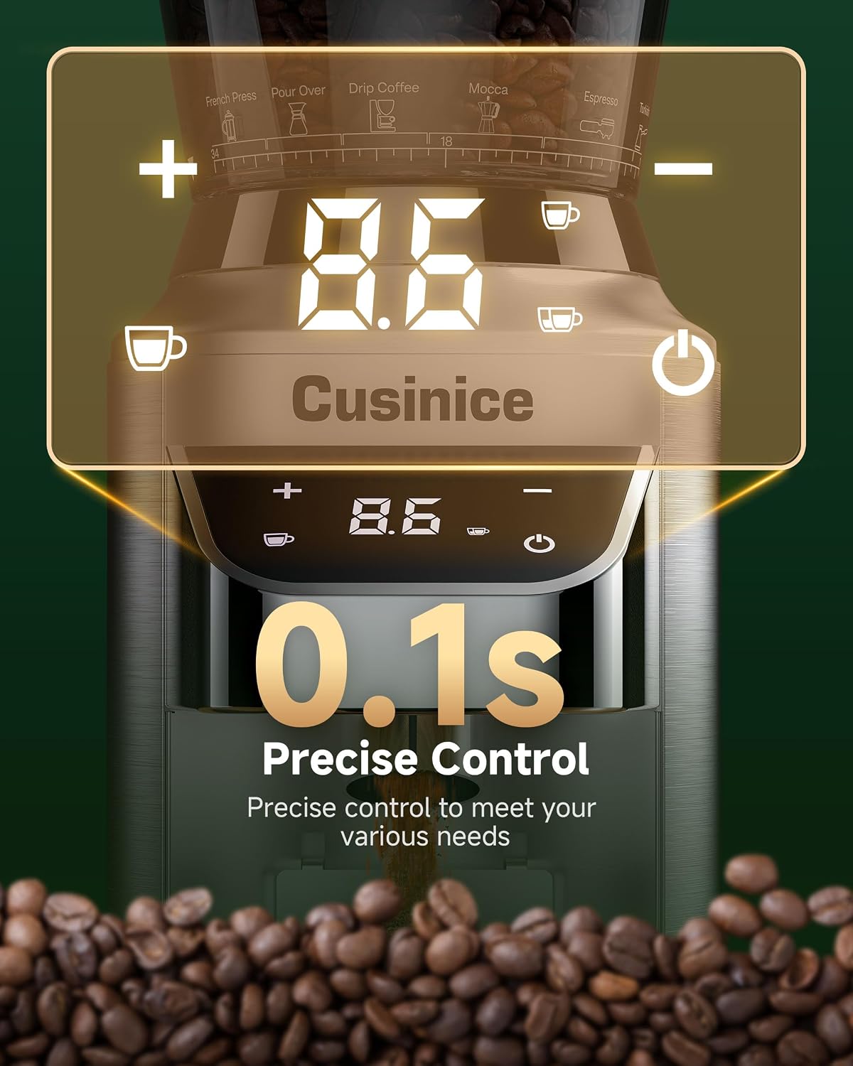 Espresso Coffee Grinder - 48 Precise Grind Settings, Anti-Static 40mm Stainless Steel Burr, 0.1s Electronic Timer, 11.3oz Bean Hopper, Conical Burr Coffee Grinder for Home Use Brushed Silver