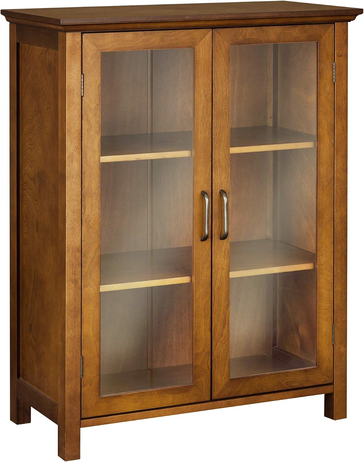 Teamson Home Avery Wooden Freestanding Floor Cabinet with 2 Adjustable Shelves 3 Storage Spaces 2 Glass Paneled Doors and 2 Antique Brass Knobs, Oiled Oak
