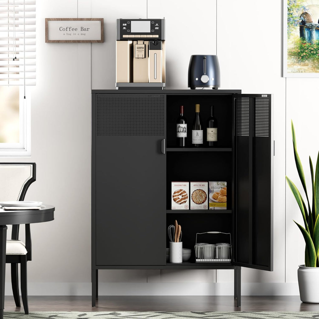 Chshin Metal Storage Cabinet,Kitchen Pantry Storage Cabinets with Doors,Buffet Cabinet with 2 Adjustable Shelves,Black Pantry Cabinets,Steel Sideboard for Home,Shoes,Office,Dining Room