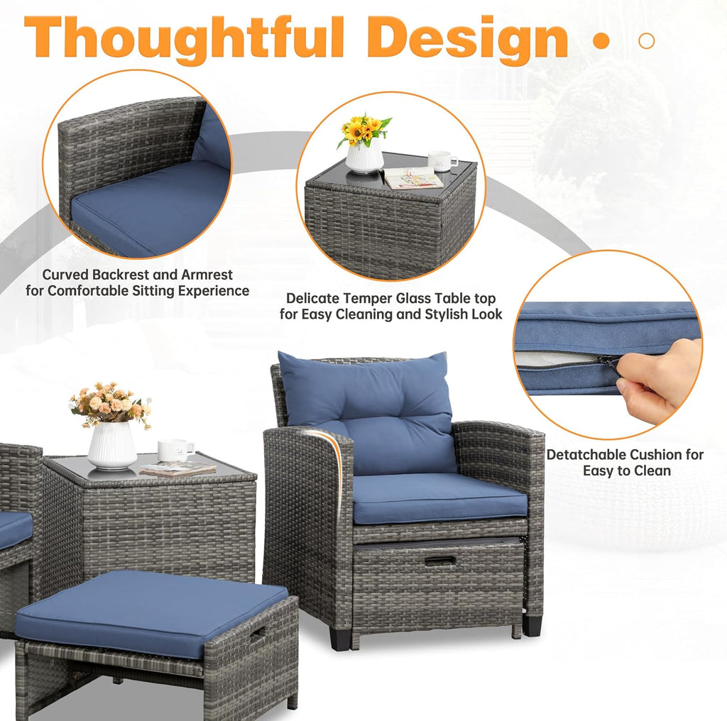 Shintenchi 5 Pieces Patio Furniture Set, Outdoor Wicker Patio Conversation Set with Ottoman, All Weather Rattan Outside Chairs with Coffee Table & Cushion for Porch, Garden, Backyard, Navy