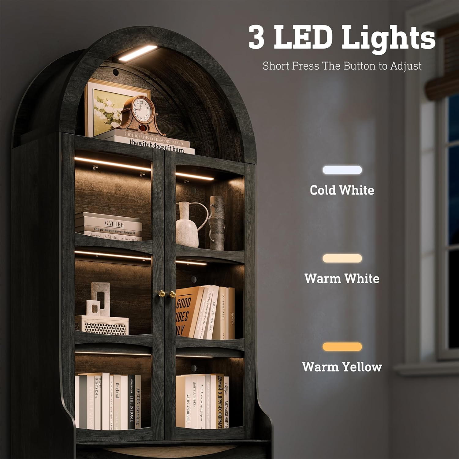 STO'SENSE 74' Tall Arched Bookshelf with LED Lights,4-Tier Modern Farmhouse Arched Bookcase with Glass Doors and Shelves,Wooden Display Cabinet with 2 Drawers for Living Room, Dining Room (Black)