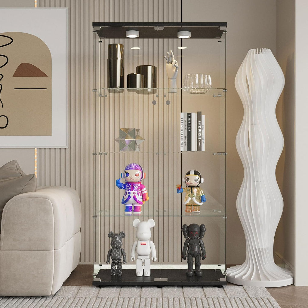 4-Tier Double Doors Glass Display Cabinet with Lights and Lock, 64.7' High Modern Curio Display Cabinet Sturdy Tempered Glass Collection Display Showcase with 4 Shelves for Living Room,Bedroom,Black