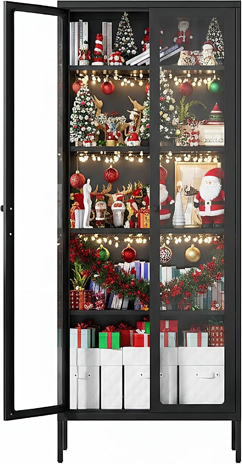 Bonusall Display Cabinet with Glass Doors,67' Metal Display Curio Cabinet with Glass Doors and 4 Adjustable Shelves for Collectibles,Home Office,Living Room,Gaming Room(Black)