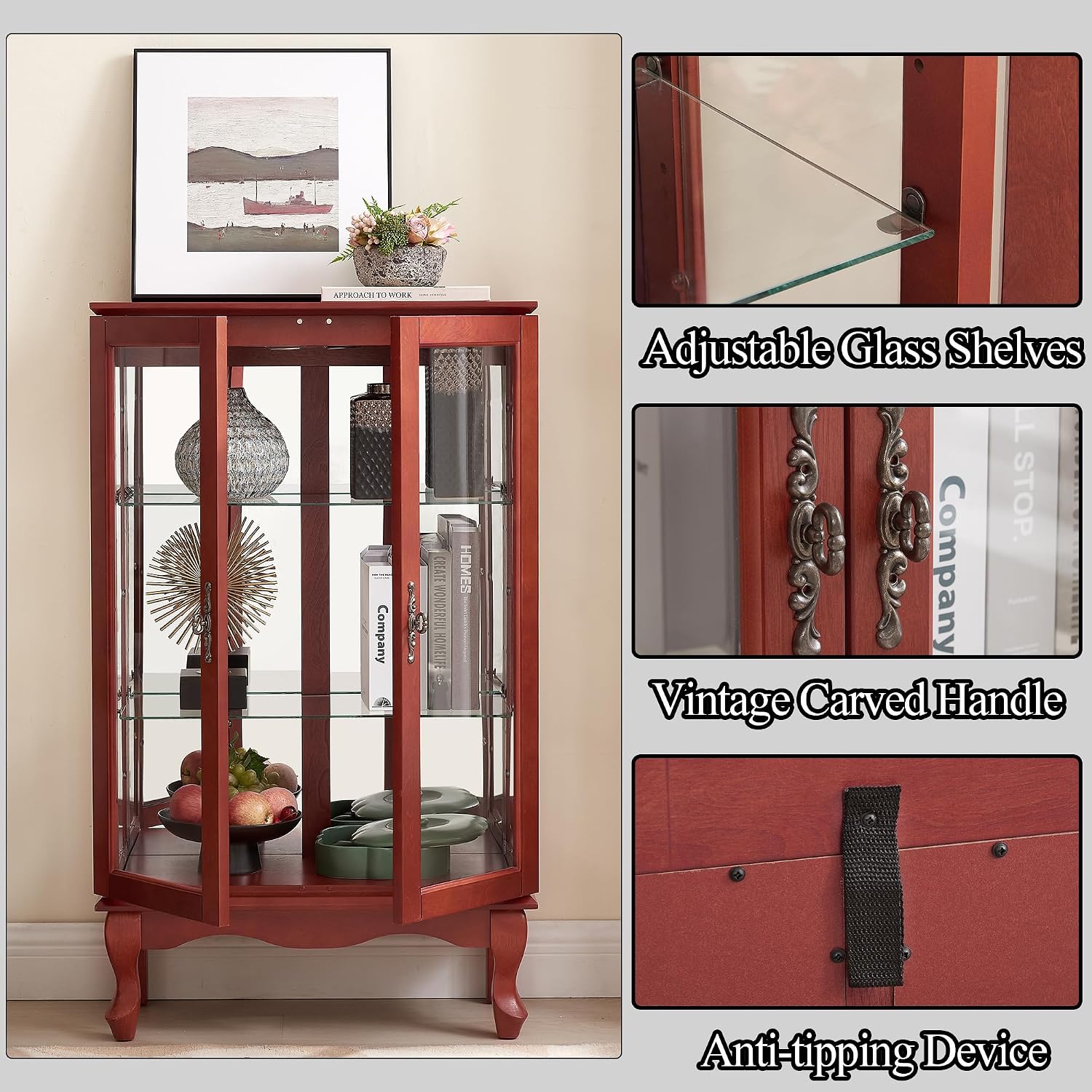 43'H Lighted Display Curio Cabinet, 3-Tier Glass Accent Storage Cabinet Curio Showcase w/ 2 Doors & Adjustable Shelves, Wine Artwork Storage Rack w/ Mirrored Back Panel for Living Room (Cherry)
