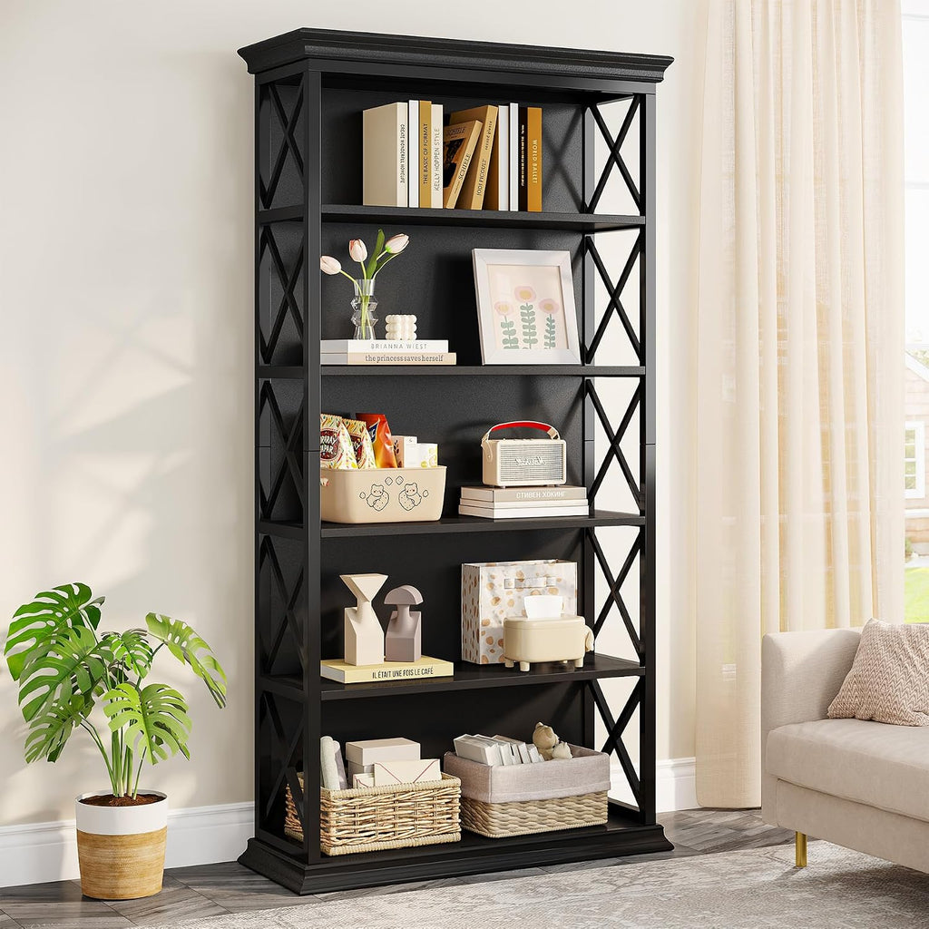 Tribesigns 6-Tier Bookcase, 71 Inches Industrial Bookshelves and Bookcases, Floor Standing 5 Shelf Display Storage Shelves Tall Bookcase for Home Office, Living Room, Bed Room, All Black