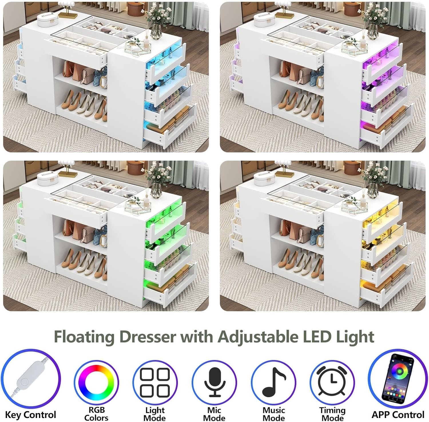 Gyfimoie Closet Island with Drawers, Armoire Wardrobe Closet with LED Lights White Dresser Walk-in Closets with Glass Top for Bedroom & Cloakroom