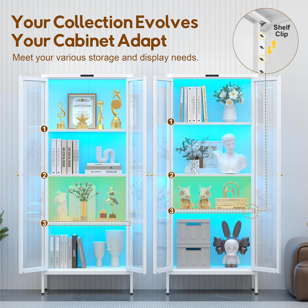 UNICOLY Display Cabinet with Glass Doors, Glass Display Cabinet with 8 Color LED Lights, Curio Display Cabinet with 3 Shelves for Living Room, Plant, Display Shelf, Assembly Required, White
