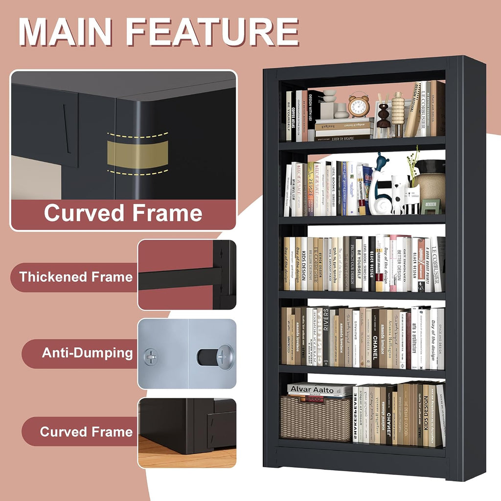 Large Metal Bookcase, 69' Modular Bookshelf with Storage, 5 Tier Bookcase with Adjustable Shelves, Extra Tall Book Shelves, Modern Book Case for Library, Office, Entryway, Living Room（Black）