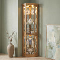 Casaphoria 70' Lighted Corner Curio Cabinet with Glass Doors, Tall Display Cabinet for Collectibles with Mirrored Back and Adjustable Shelves for Living Room and Liquor Storage (Oak)