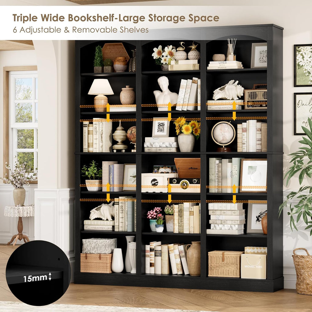 FACBOTALL 71' Triple Wide Bookshelf, 6 Tier Tall Bookshelf, Large Book Shelf with Curved Baffle, 63.4' Wide Bookcase with 18 Open Display Shelves for Living Room, Study, Black