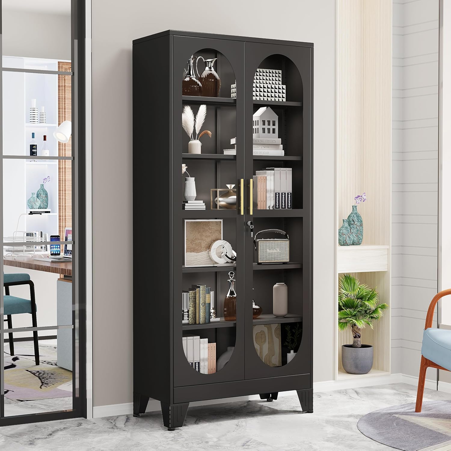 GAIOUS 74.8' Tall Metal Curio Cabinet, Display Cabinet with Glass Door, 6 Tier Liquor with 5 Adjustable Shelves, Locking Glass Display Case for Collectibles, Showcase Storage Cabinets, Black