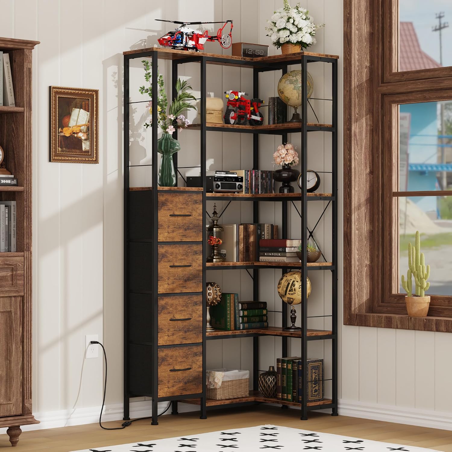 AFLUI Corner Bookshelf with LED Light Strips & 4 Fabric Drawers, 6-Tier Convertible Corner Shelf with Display Shelf, Large Wood Industrial Bookcase for Living Room, Bedroom, Home Office, Rustic Brown