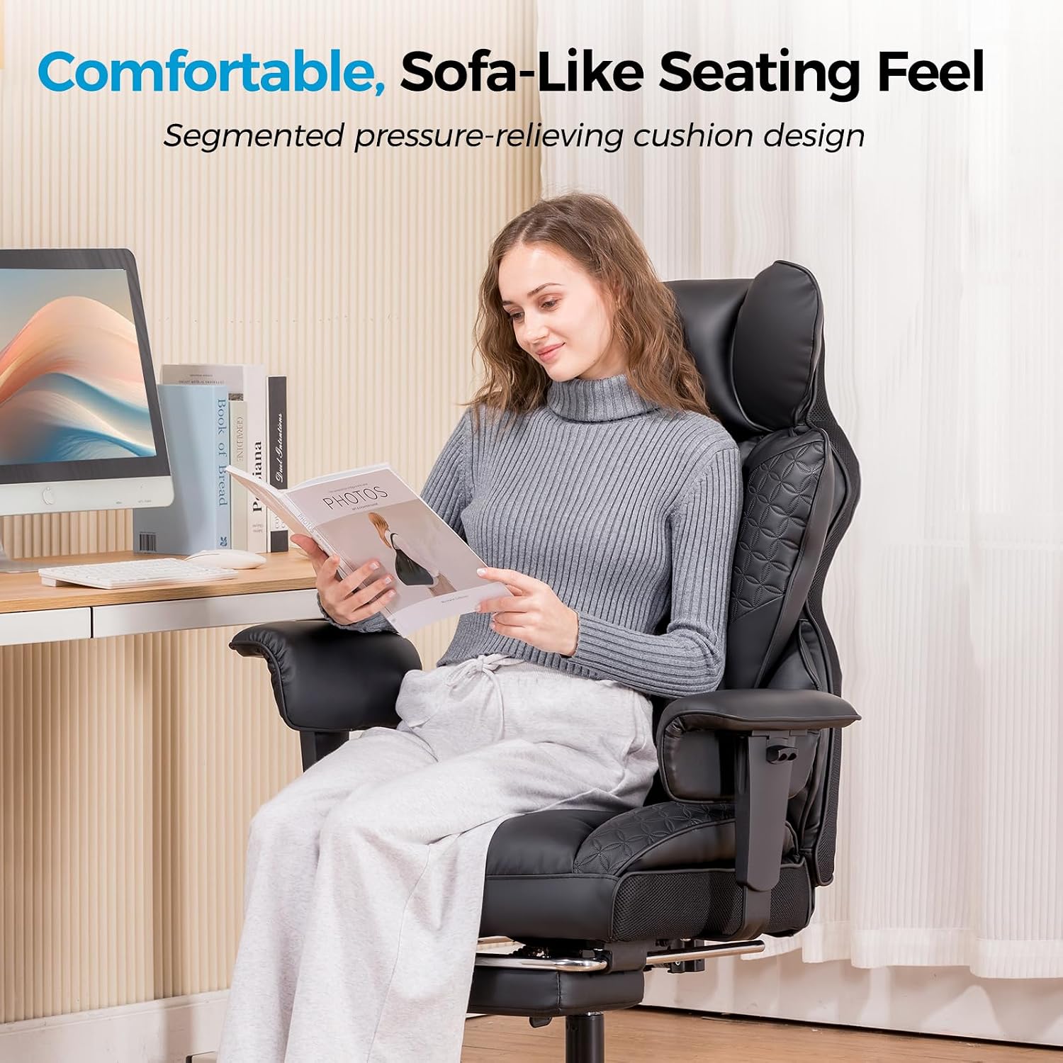 COMHOMA Big and Tall Office Chair Heavy Duty Wide Ergonomic Gaming Chair with Deluxe Embossing Leather with Foot Rest 150°Reclining Adjustable Armrests Pocket Spring Back Support and Without Pillow