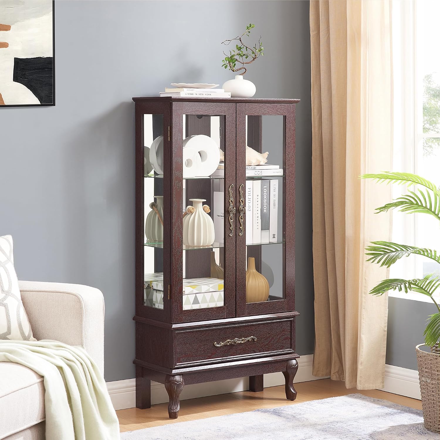51' H Lighted Curio Display Cabinet with 2 Doors & 1 Drawer, Wooden Glass Curio Showcase w/Adjustable Shelves & Mirrored Back Panel, Storage Cabinet Display Case for Living Room(Dark Cherry)