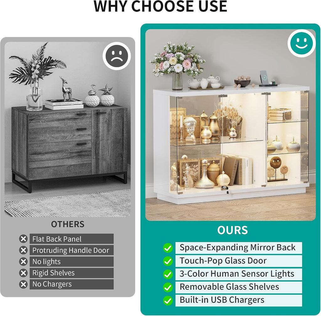 HNEBC 5-Tier Lockable Display Cabinet - with Glass Door,47.2' W Glass Display Case with 7+5 Lights Modes for Collectibles,Lighted Cuiro Cabinet with Human Sensor,China Cabinet for Living Room