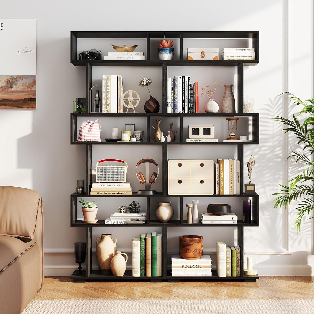 Tangkula 6-Tier S-Shaped Bookshelf, 64' Freestanding Geometric Bookcase, Home Office Wood Storage Shelf with Anti-Toppling Device, Room Divider Display Rack for Study, Living Room (2, Black)