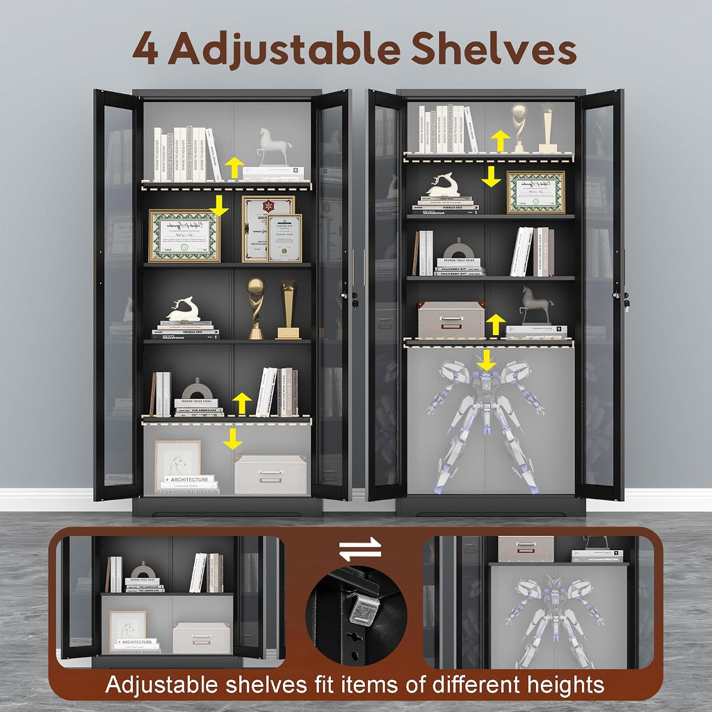 UNICOLY Lockable Display Cabinet with Glass Doors, Curio Cabinets with 4 Adjustable Shelves, Liquor Bookcase Bookshelf with Doors, Metal Storage Cabinet for Living Room Pantry, Black