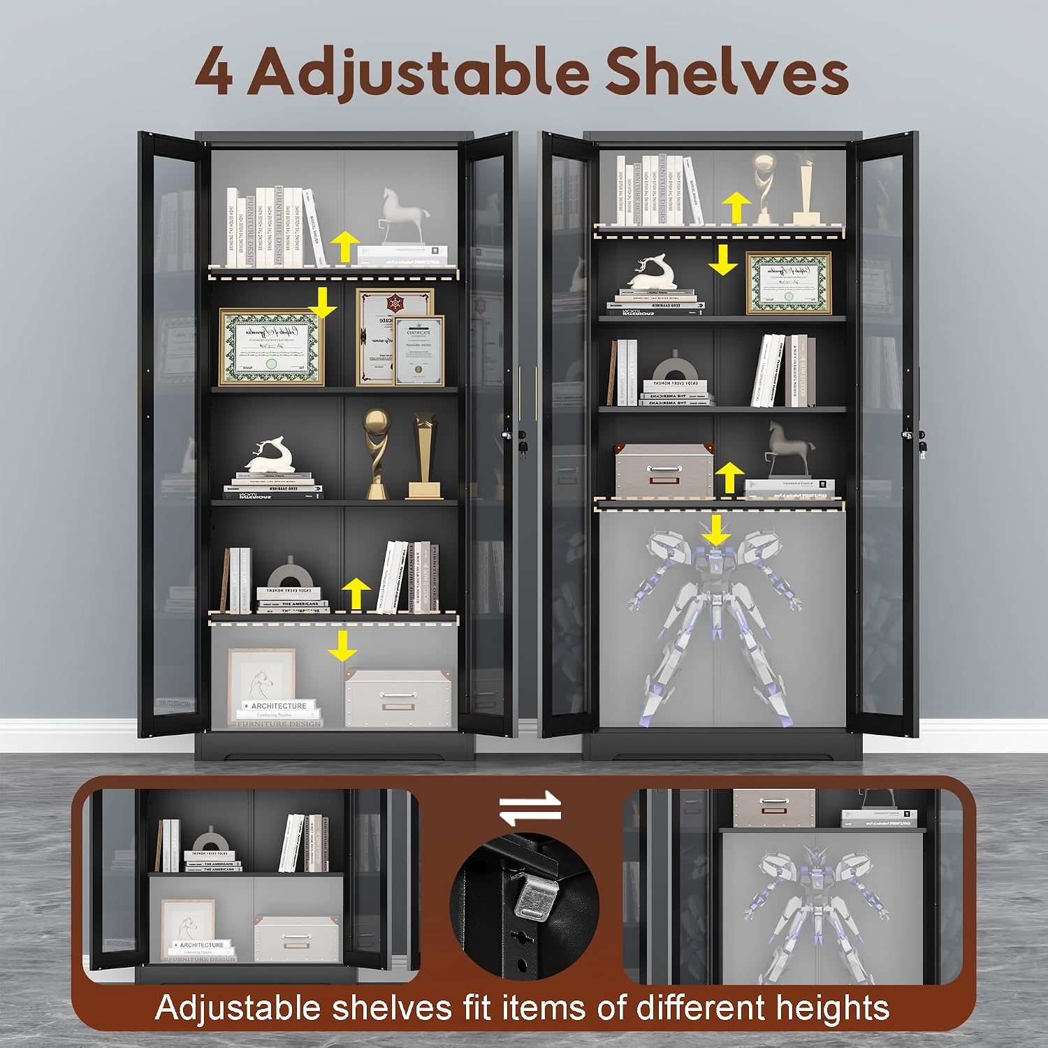 UNICOLY Lockable Display Cabinet with Glass Doors, Curio Cabinets with 4 Adjustable Shelves, Liquor Bookcase Bookshelf with Doors, Metal Storage Cabinet for Living Room Pantry, Black