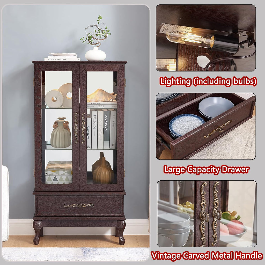 51' H Lighted Curio Display Cabinet with 2 Doors & 1 Drawer, Wooden Glass Curio Showcase w/Adjustable Shelves & Mirrored Back Panel, Storage Cabinet Display Case for Living Room(Dark Cherry)