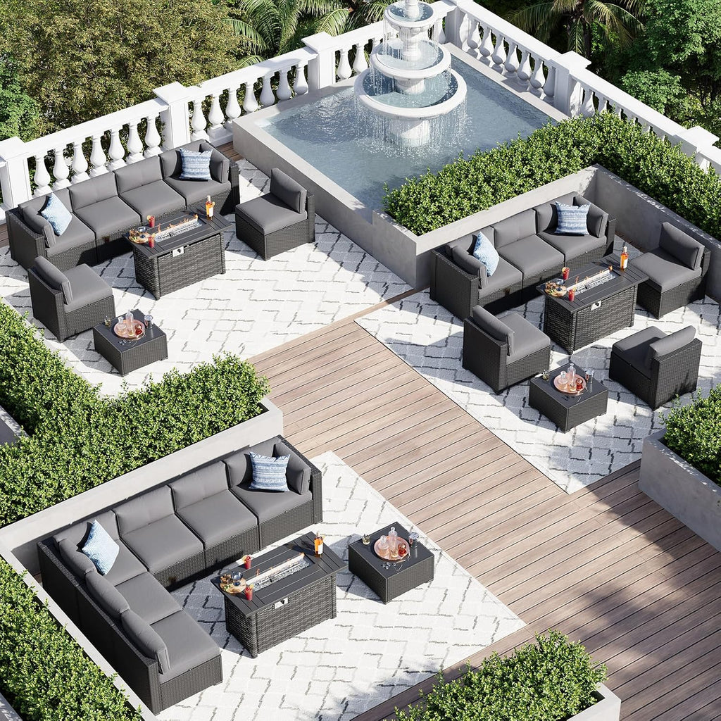 Aoxun 8 Piece Patio Furniture Set with 44' Fire Pit Table Wicker Rattan Sectional Sofa Outdoor Seating with Thickened Cushion, Grey