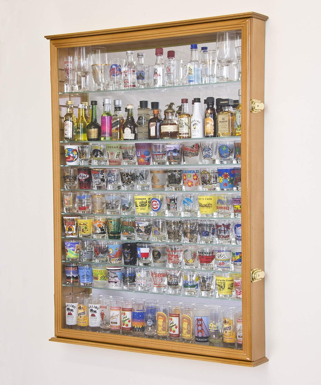 sfDisplay.com,LLC. XL Shot Glass Display Case Rack Holder Cabinet w/Mirror Backed and 11 Glass Shelves -Oak