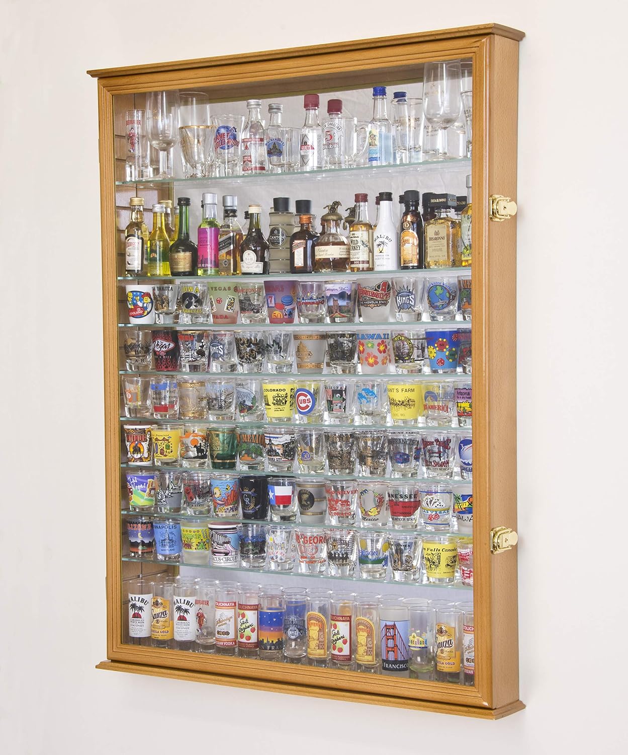 sfDisplay.com,LLC. XL Shot Glass Display Case Rack Holder Cabinet w/Mirror Backed and 11 Glass Shelves -Oak